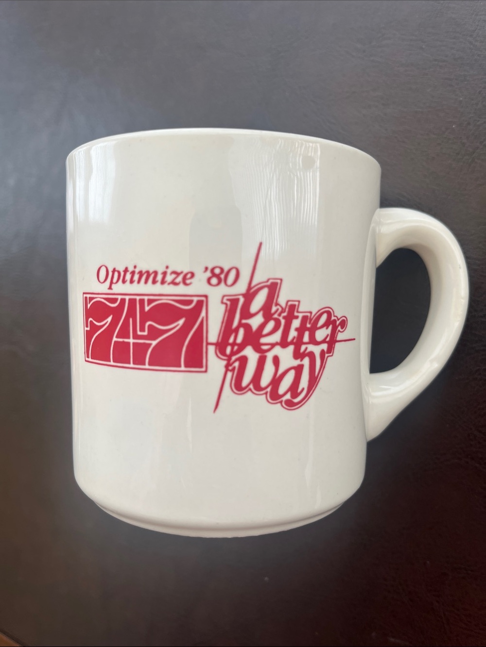 Vtg 3M Cumberland WI Optimize '80 A Better Way 7+7 White Red 10 oz Coffee Mug